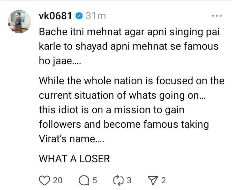 Virat Kohli's brother slams Rahul Vaidya with a post on Instagram Threads